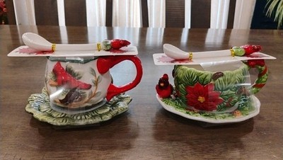2 Different Corner Ruby CR Holiday Teacup Christmas Collection Cardinals w/Spoon