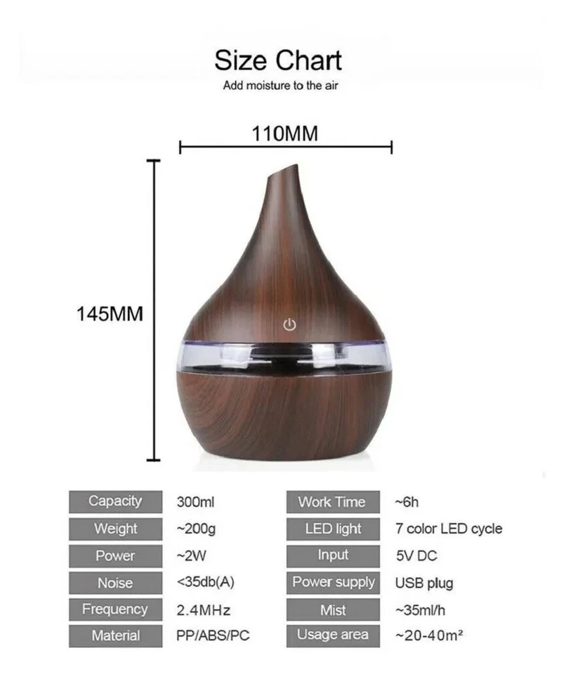Diffusore Oli Essenziali Umidificatore Ultrasuoni Aromaterapia con Luce LED - Immagine 4 di 4