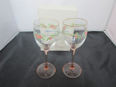 2x Vintage Fiesta 3982 Princess House rosa Stiel Rosenmuster Weingläser - verpackt