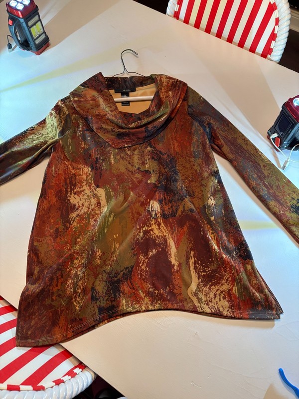 ALI MILES COWL NECK LAGENLOOK TOP SMALL ABSTRACT BROWN, RUST, BLACK MAROON 
