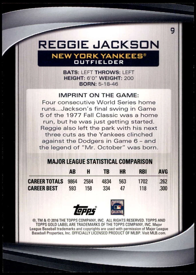 Reggie Jackson 2016 Topps Gold Label 5x7 Class 2 Gold #9 /10 Yankees - Image 2 of 2