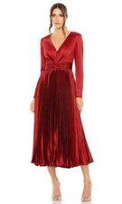 Ieena Mac Duggal Rose Red Pleated Long Sleeve Satin Midi Dress Size 18 $398
