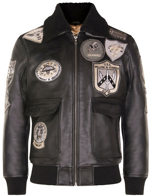 Men's TOPGUN Leather Black Jacket Tom Cruise Sheepskin Collar Maverick A2 Bomber