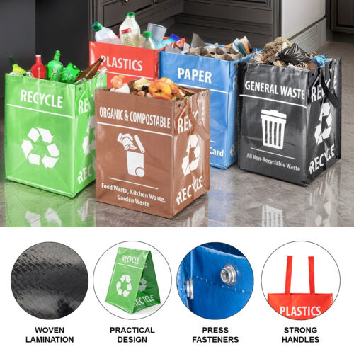 5 Pack Reusable Recycling Bags Paper Plastic Glass Large Recycle Household Waste - Picture 2 of 15
