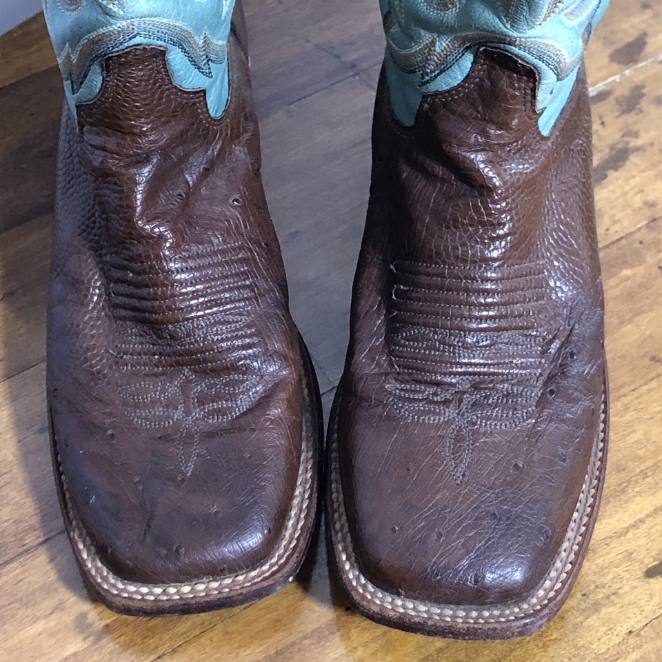 Justin Remuda Western Boots Womens 6.5 B Ostrich Leather Turquoise Square Toe eBay