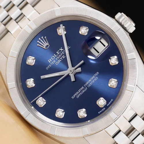 ROLEX OYSTER PERPETUAL DATE 1501 BLUE DIAMOND DIAL STEEL UNISEX WATCH
