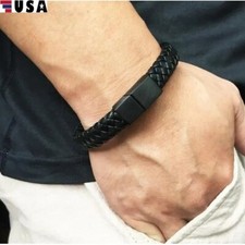 Braided Leather Bracelet For Men Stainless Steel Black Magnetic Clasp Bangle USA