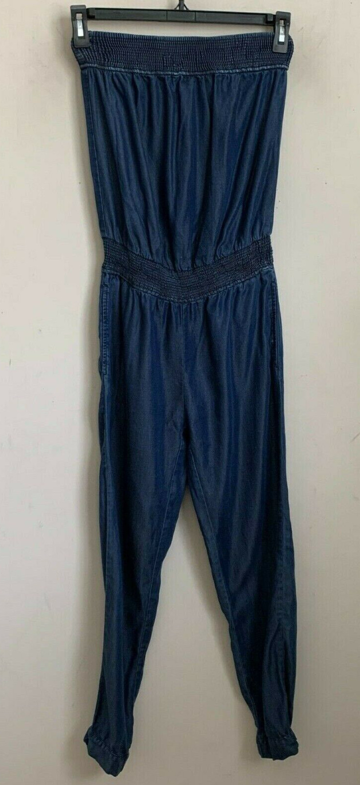 Zara Basic Jumpsuit Blue Strapless Elastic Trim T… - image 1
