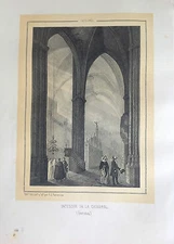 Gerona, Interior Of The Cathedral, Original Lithograph By Parcerisa 1839-1865