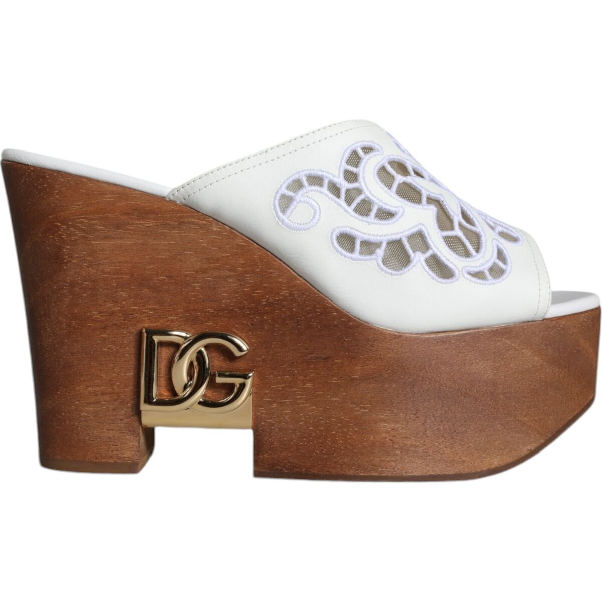 DOLCE & GABBANA Shoes White Leather Wood Mules Wedge Slides DOLCE & GABBANA Shoes White Leather Wood Mules Wedge Slides