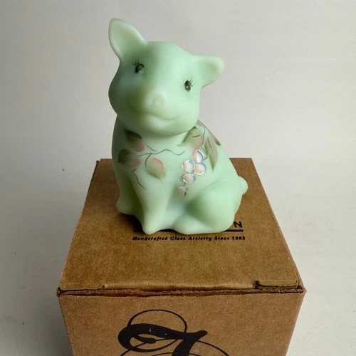 Fenton Sea Green Satin Glass Pig Figurine Signed P Lauderman 2007 Handpainted
