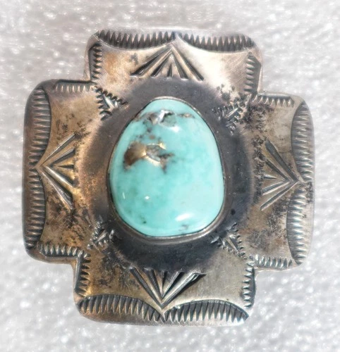 Vintage Native American Style  Silver Turquoise Cross Concho Ring Tie Clasp