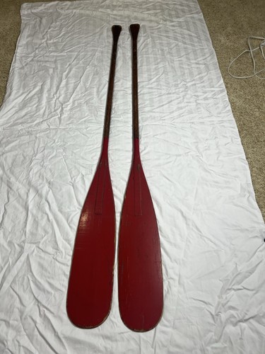 Vintage Pair 72” Beautiful Canoe Paddles, Old Red Paint, V/Solid, Use Or Decor
