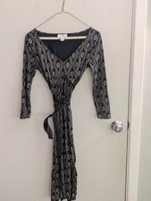LOFT Black Patterned Long Sleeve Dress Med With Belt Office Teacher Business EUC