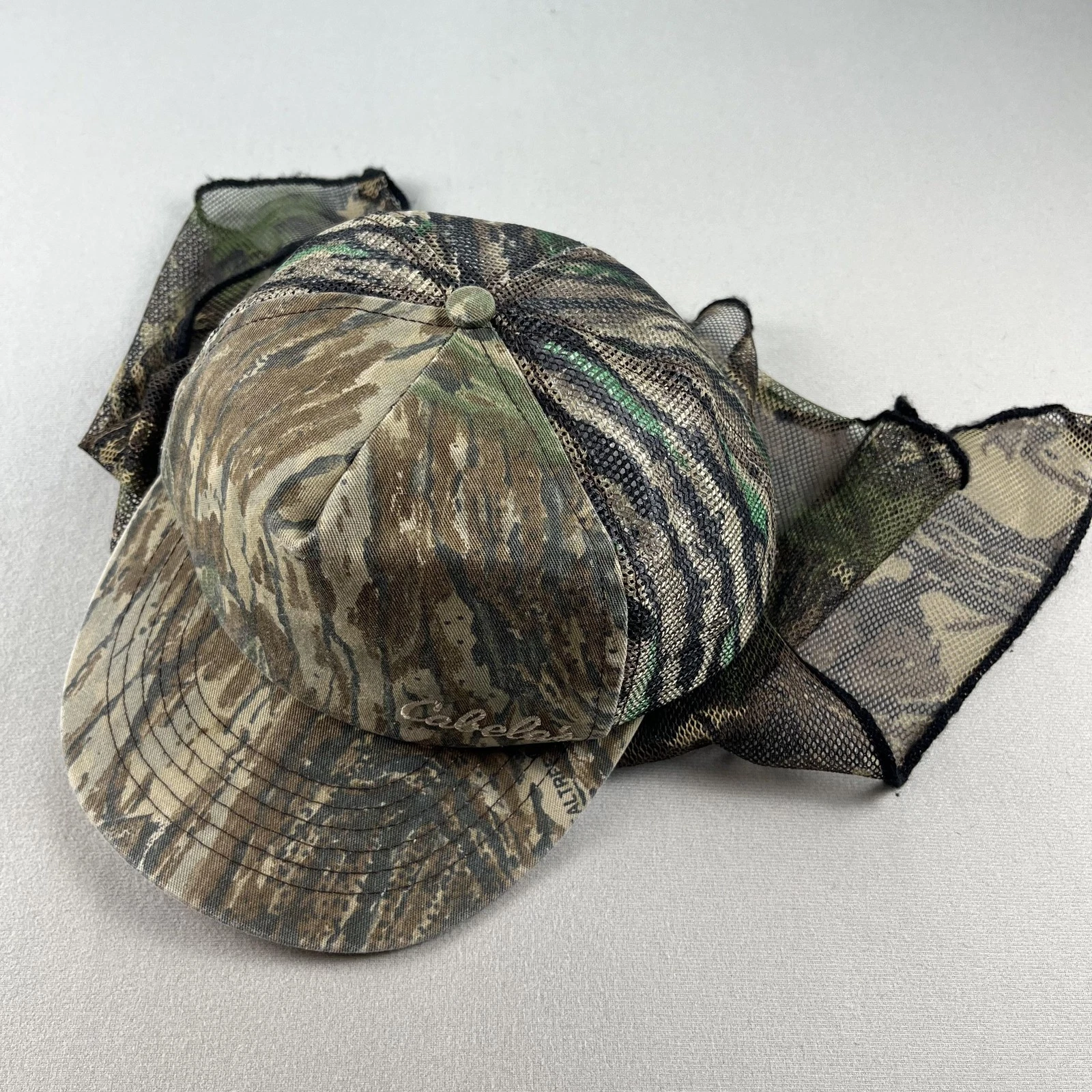 Vintage Cabelas Hat Snapback Brown Camo Neck Flap Cape Sun Hunting Fishing 90s
