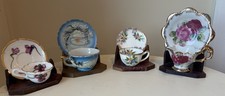 Vintage Miniature Teacups And Saucers Lot Of 4 Some Marked with Wooden Display