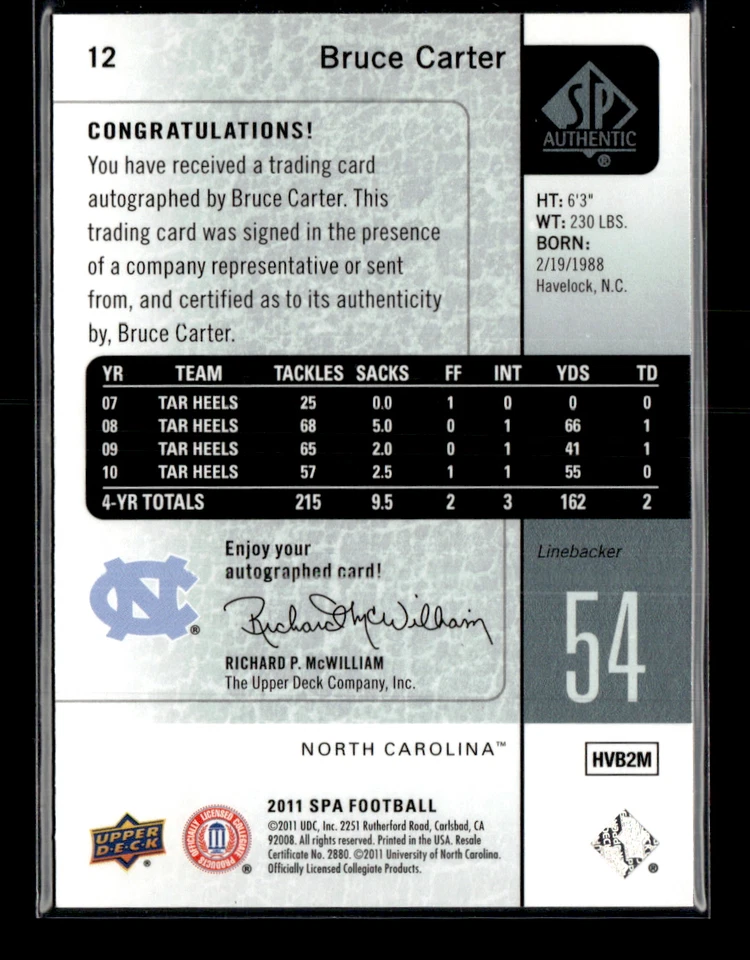 Bruce Carter 2011 SP Authentic Auto - Image 2 of 2