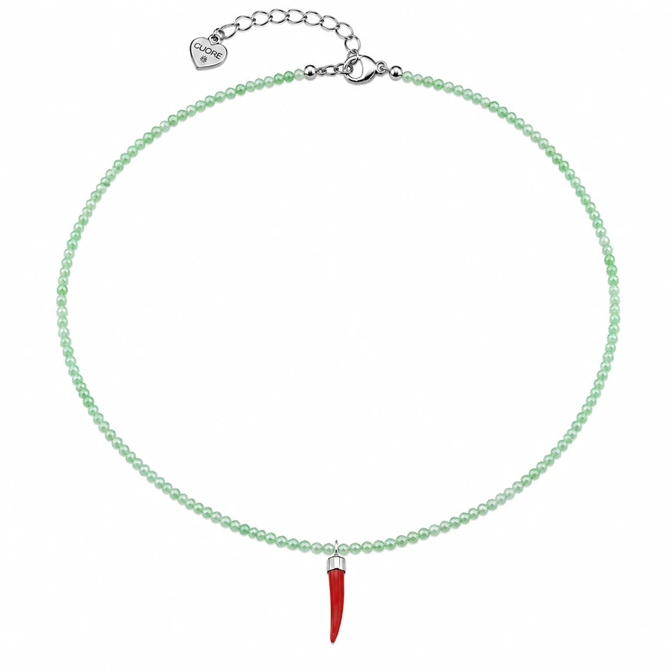 Collier en chrysoprase, cor en corail et fermeture en acier - Photo 1/1