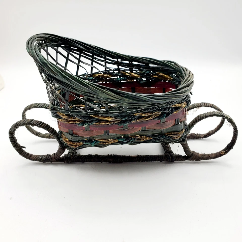 VTG Wicker Sleigh Basket Christmas Holiday Decor Red Green Brown Gold - Image 4 of 4