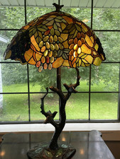 2 Light Tiffany-style featuring Leafs  Grapes Table Lamp Oval Shape 20" Shade