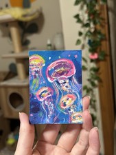 ACEO Original Pink and Yellow Jellyfish Series 2 of 4, Gouache Art, 2.5x3.5