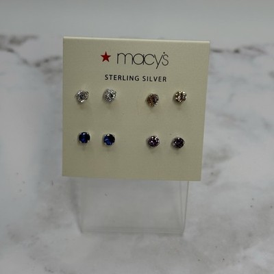 Macys Sterling Silver Cubic Zirconia 4 Pairs - Clear, Blue, Purple, Tan