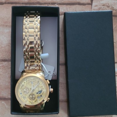OLEVS Herren Analog Armbanduhr Skelett römisch gold Metallarmband 42mm Box