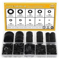 1000 Pieces 9 Sizes Black Zinc Plated Steel Flat Washers for Screws Bolts, Black