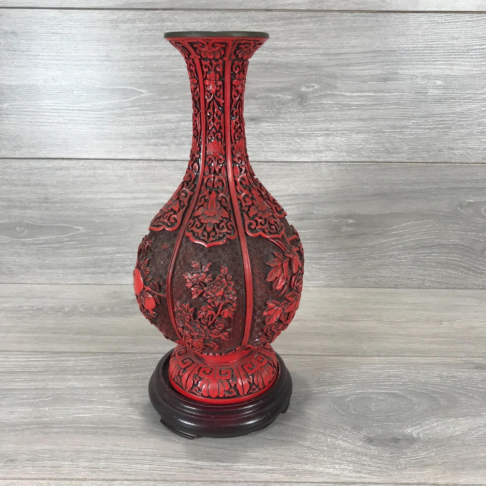 Chinese Carved Cinnabar (Not Confirmed) Lacquer Vases W/ Wooden Base image 2