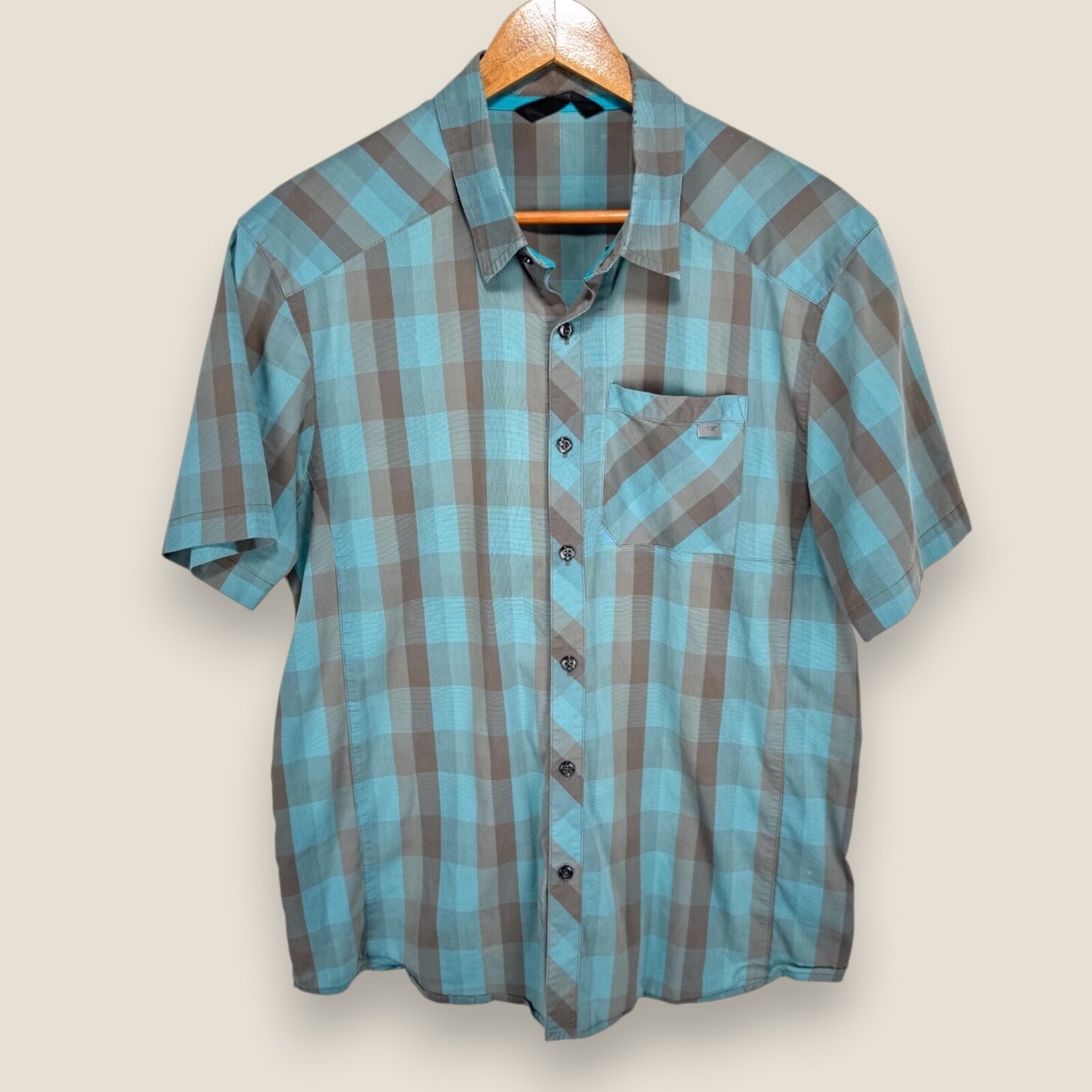 Arc'teryx Camicia Manica Corta Bottoni Uomo Blu Medio Grigio Tasca a Quadri *LEGGI