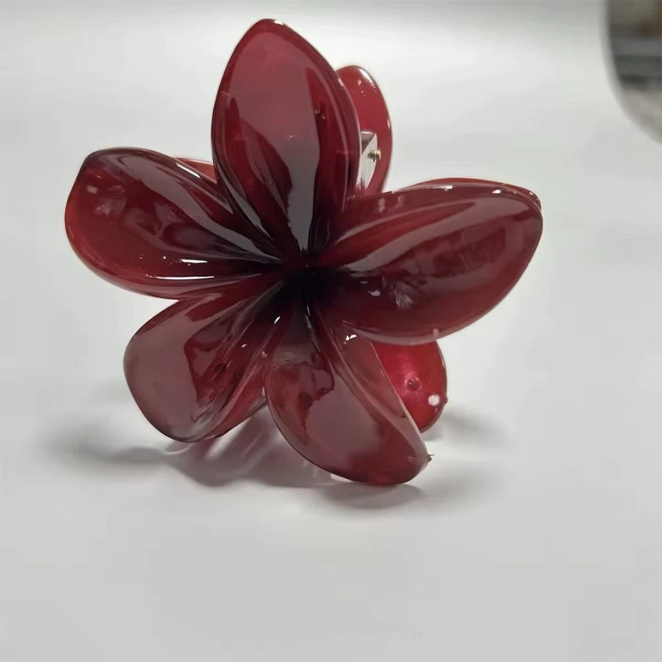 Clip de garra de pelo degradado vino tinto plumeria Frangipani elegante pasador de flores Foto 4 de 4