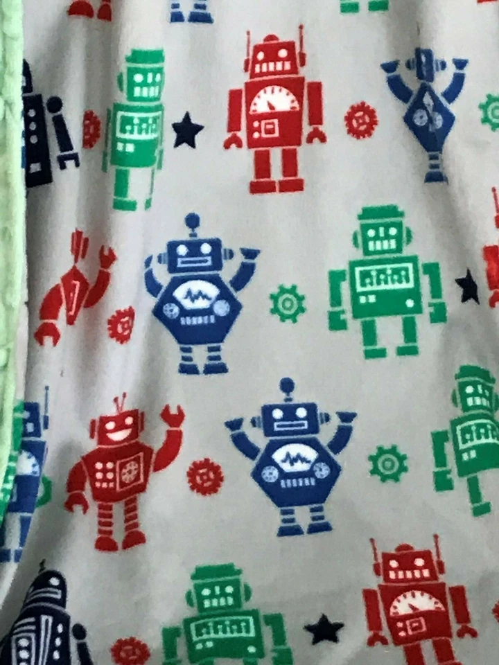 Baby Gift Blanket Robot MINKY Toddler Size LARGE Green Shower Present Handmade - Image 3 of 4