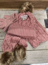 Toby Me Pink Beanie Hat, Scarf Mitten Set Girls' Size 7-14 Faux Fur Pom Poms