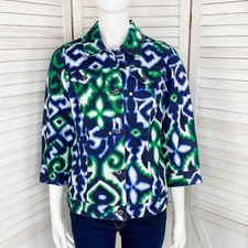 Chico s Jacket Womens Small Blue Green Floral Ikat Stretch Cotton 3/4 Sleeve