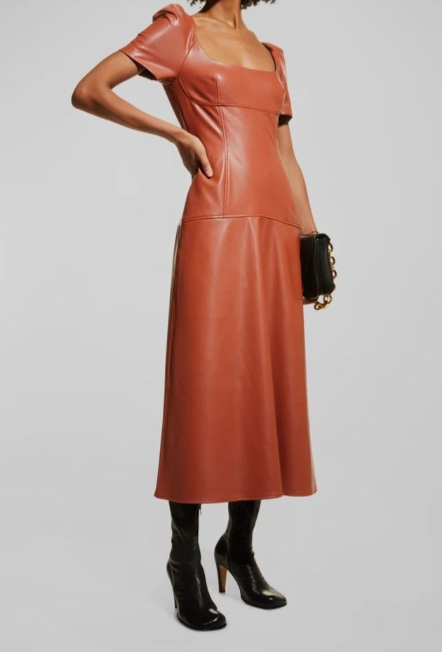 $595 A.L.C. Women's Orange Hayden Seamed Faux Leather Drop-Waist MIDI Dress  Sz 2