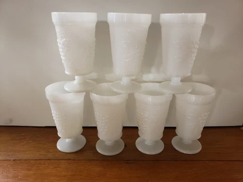 Set of 7 Vintage Indiana Harvest Grape Colony Milk Glass Footed Pedestal Goblets