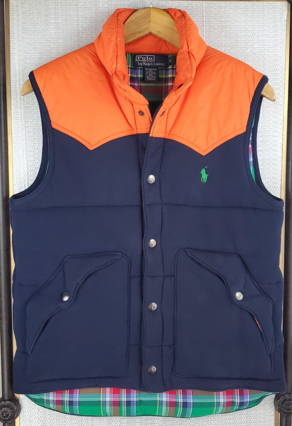 PONY POLO RALPH LAUREN taglia small western in flanella foderata a quadri con bottoni a pressione davanti gilet da uomo