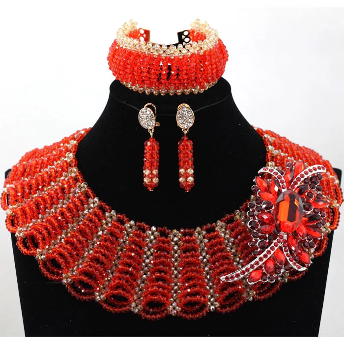 Latest design Red African Nigerian Beads Set Necklace Earring