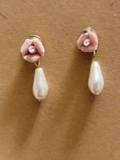 Lovely Vintage Drop Rose Dangle Pearl Pierced Earring Set of 2 Beautiful Jewerly