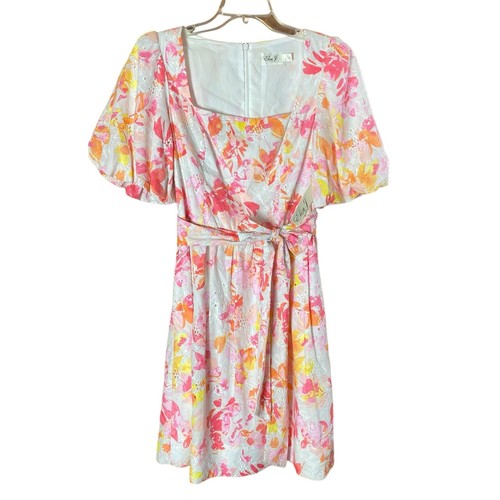 Eliza J Damen Kleid Gr. 6 Blumendruck Ösen Puffärmel Baumwolle Resort Gürtel Neu - Bild 3 von 14