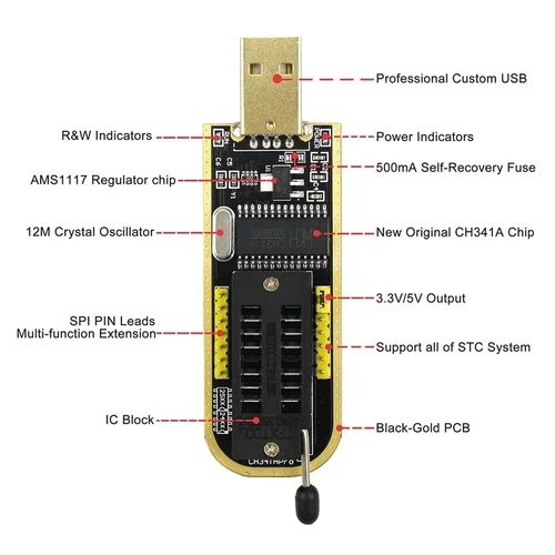 CH341A PROGRAMMATORE EEPROM FLASH BIOS 24 25 SERIES + CLIP TEST - Foto 5 di 6