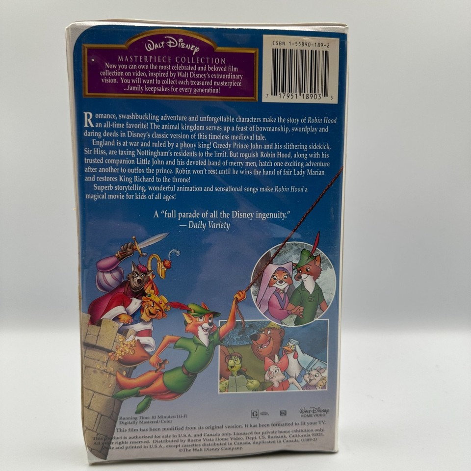 Walt Disney Masterpiece Collection Robin Hood VHS 1994 Animated Classic ...