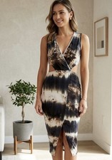 Love Republic Tie Dye Dress Grey Black Cut Out Midi V-Neck Bodycon Womens