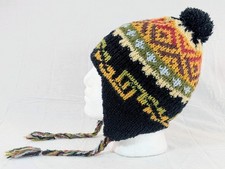 Colorful Soft Alpaca Chullo Black Beanie Pom Pom Earflap Unisex Handmade Boho