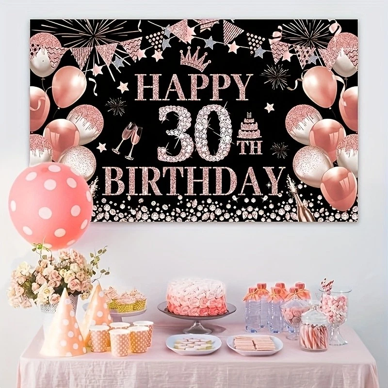 30th Rose Gold Birthday Party Backdrop Rose Gold Glitter Balloons Happy Birthday - Image 3 of 4