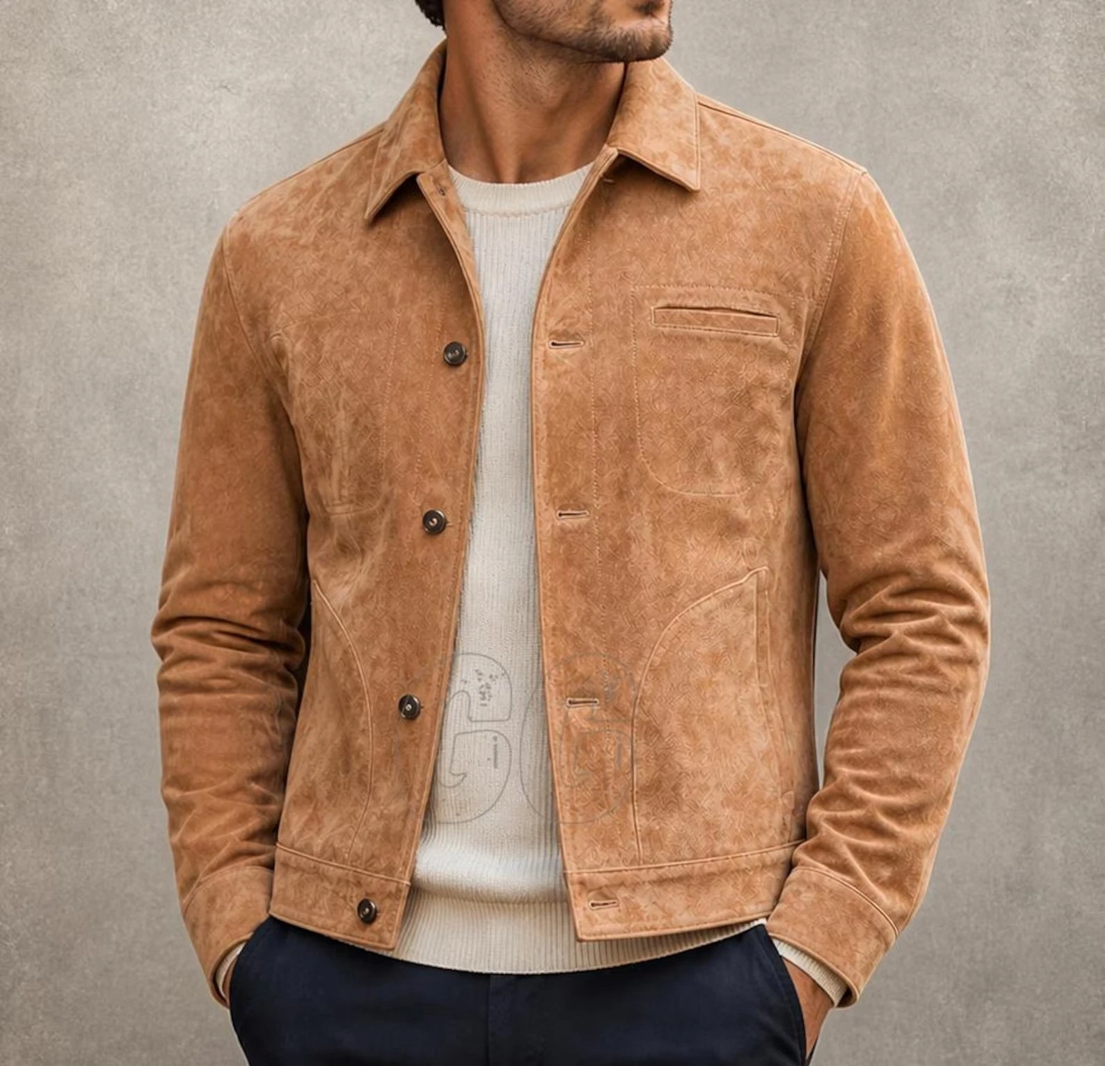 Men's Rich Beige Real Suede Trucker Jacket Bold Color Western Style Snap Button