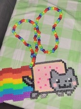 Fully Handmade Nyan Cat Perler Bead Necklace, Large Pendant Rainbow Cat