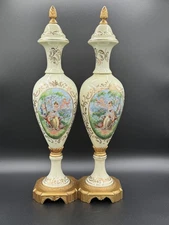 Pair of Vintage Hand-Painted Neoclassical Porcelain Urns w/ Romantic Scene