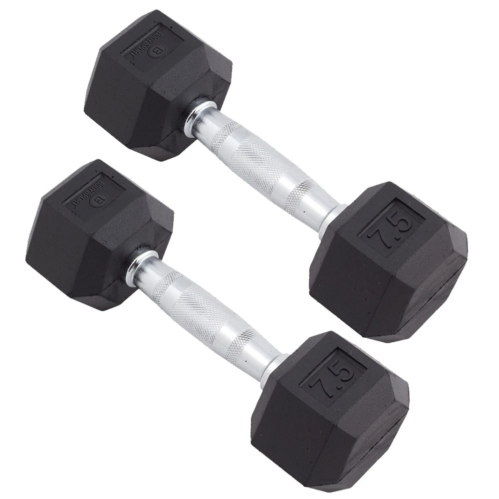 Body Sport Rubber Encased Hex Dumbbell Weight, 7.5 lb. (Pair) - Chrome,