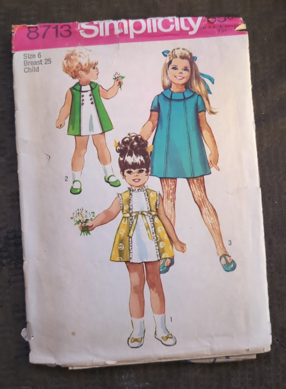 Vintage Simplicity 8713 Size 6 Girls Mod Jumper Dress Sewing Pattern 1970 Retro